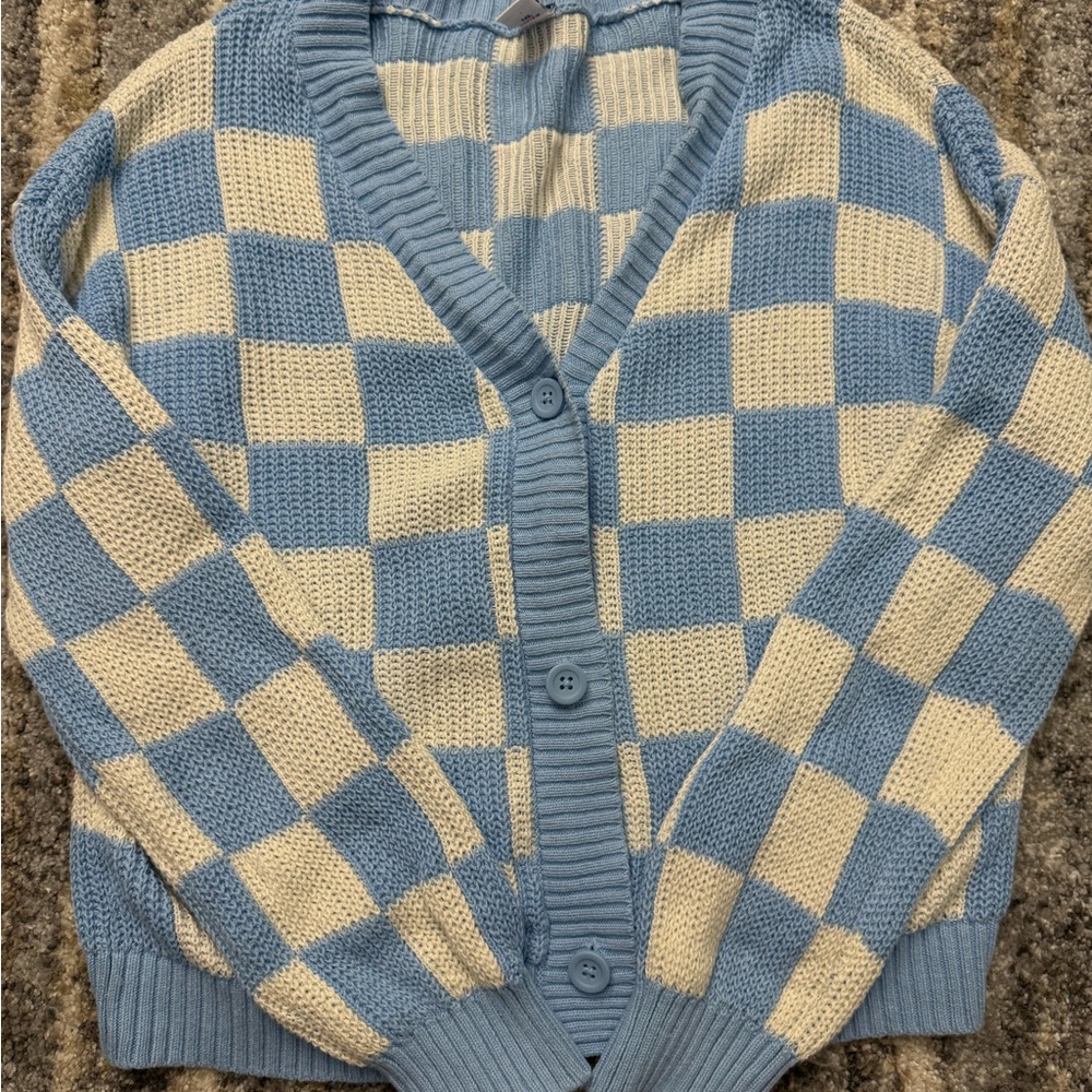 Old Navy Blue and White Checkered Cardigan